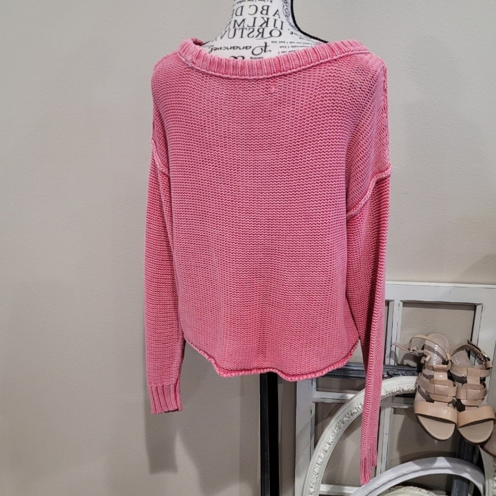 American Eagle Womens SZ XS Oversized crop Cotton‎ Knit Sweater distressed Pink - Picture 2 of 11